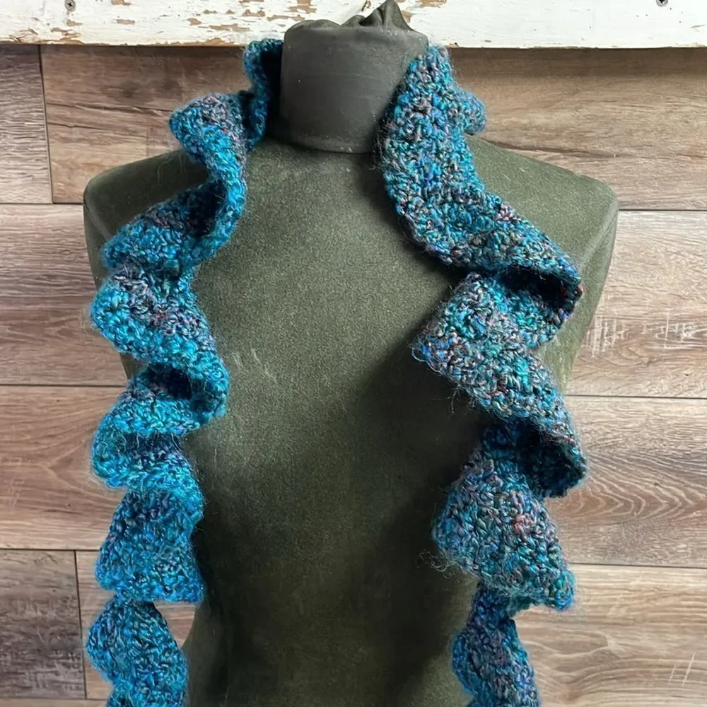 Ladies Handcrafted Crocheted Ruffled Scarf Varigated Dark Teal and Purple